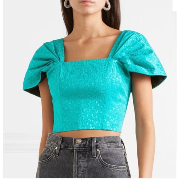 Rotate Birger Christensen Petra Crop Top Size 8 Teal Jacquard Draped Sleeves‎ - Picture 1 of 14